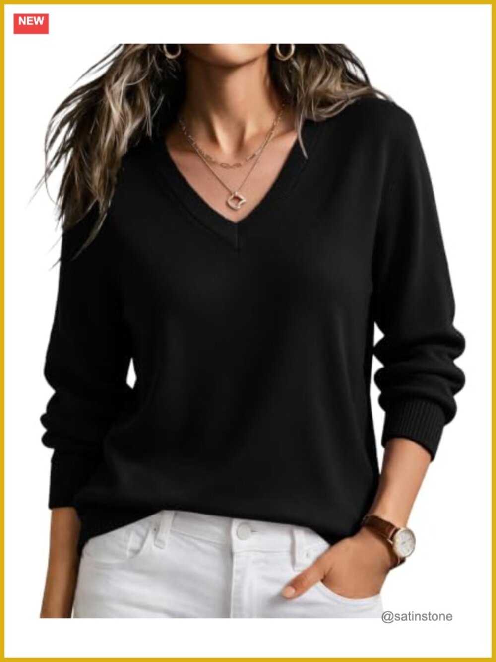 Women's V Neck Long Sleeve Lightweight Knit Pullover Sweater